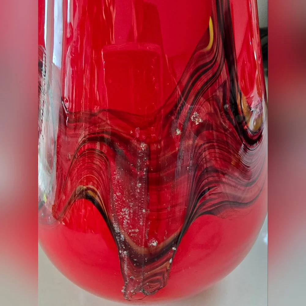 Vintage Hand Blown Red w/ Blue Yellow White Streaks Art Glass Vase 14.5 In. ‎ #2